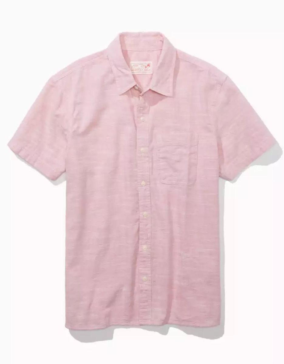 Hauts Flanelle American Eagle AE Button-Up Resort Shirt Rose Homme | OHX-66105363